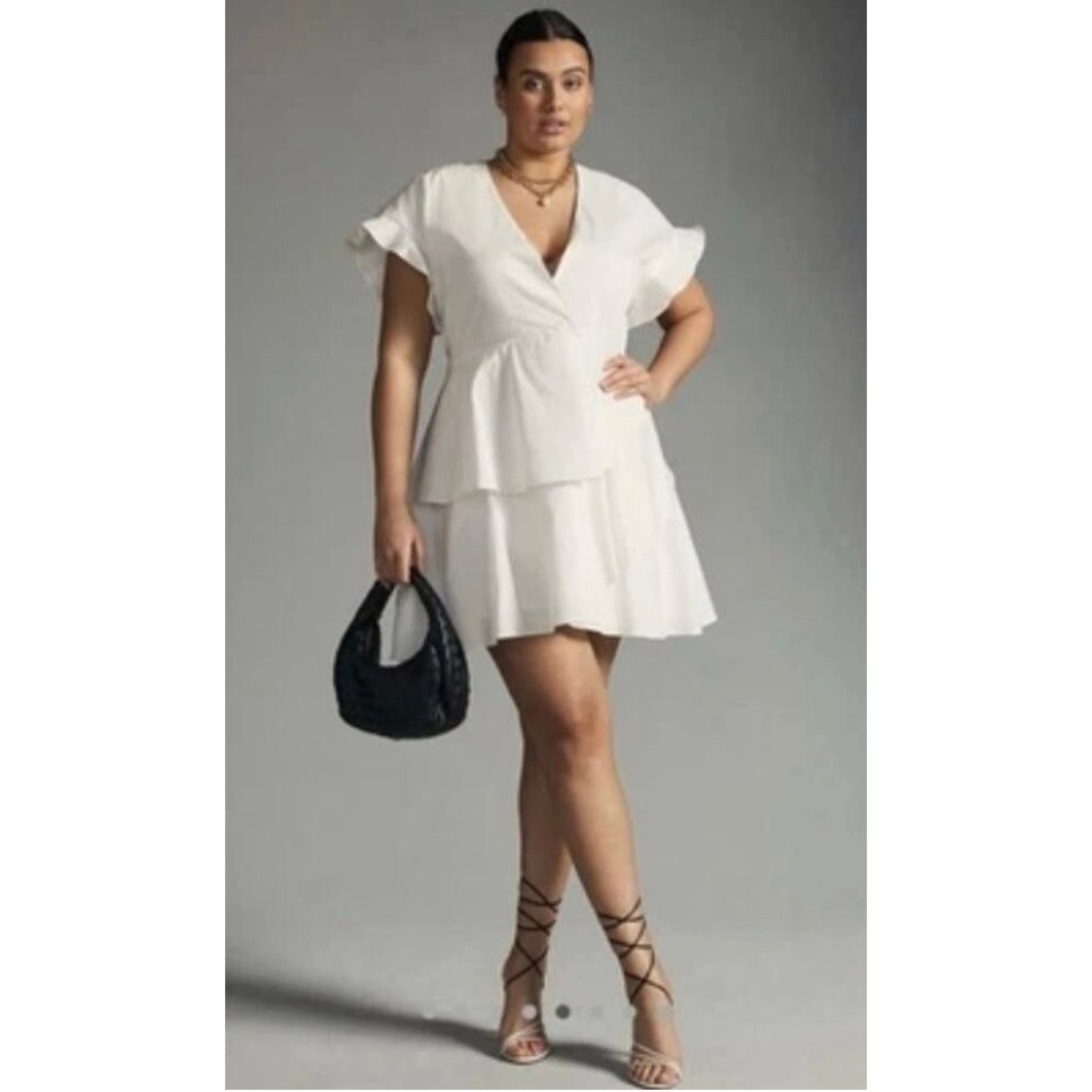 Anthropologie White Cotton Tiered Ruffle V-Neck Mini Dress 2X Plus Size